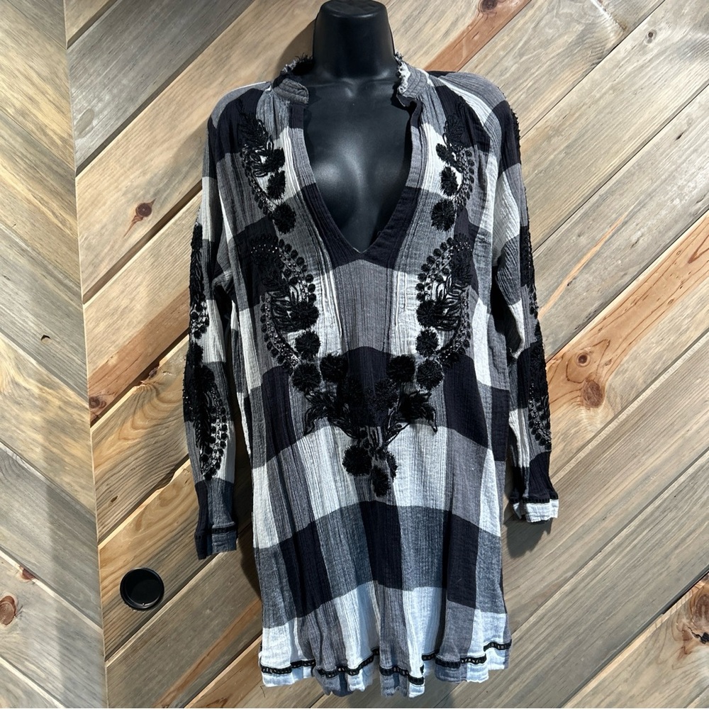 Gauze Buffalo Plaid Tunic Shirt Dress with Paisley Floral Beaded Embroidery XS